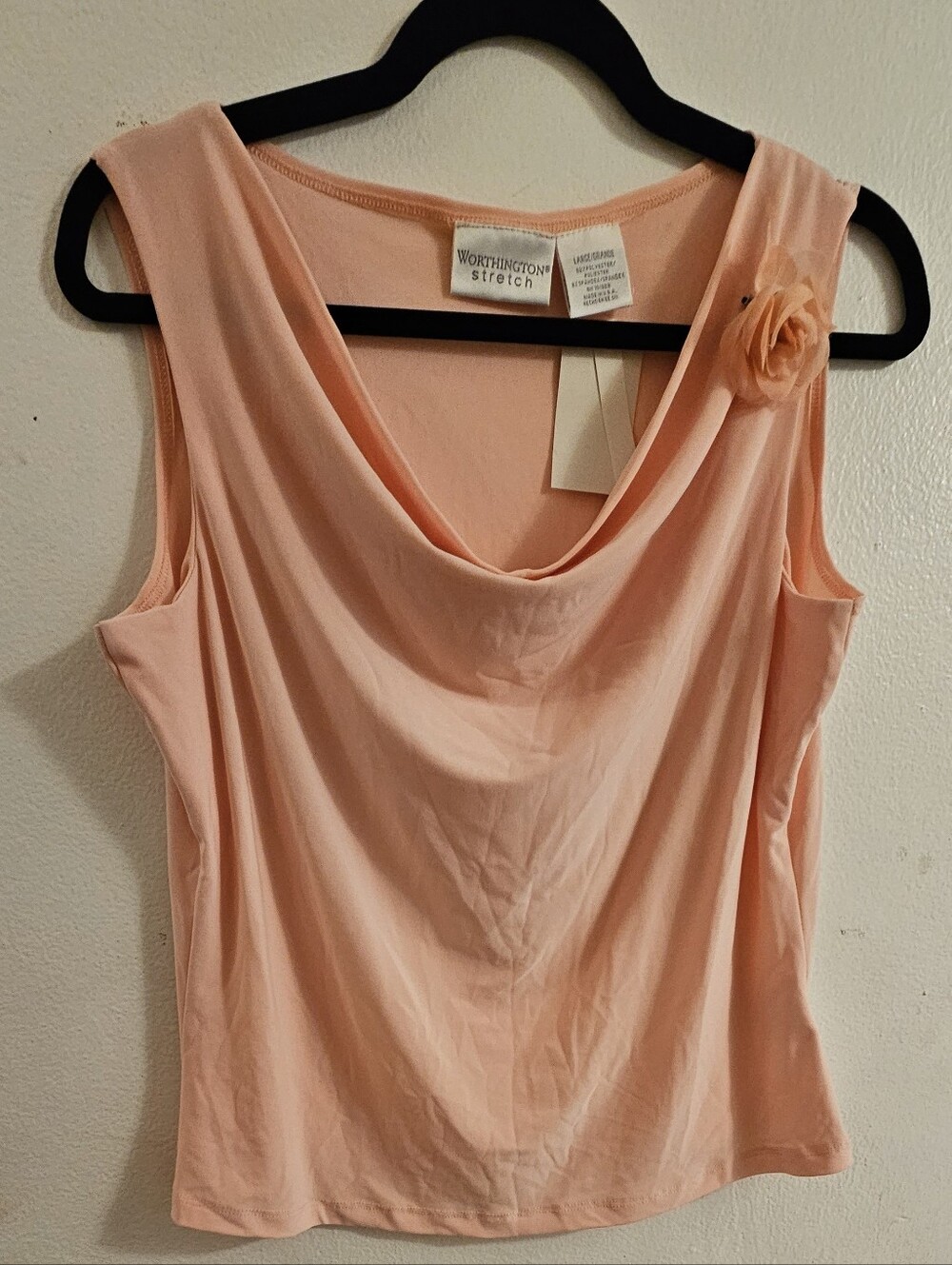 Worthington- Peach Cowl-Neck Tank. Peach Rose Pendant.